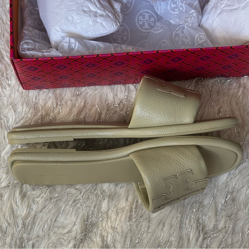 Tory Burch Olive Sprig Women’s Double T Sport Slide Tumbled Leather Size 9.5 - Picture 7 of 11